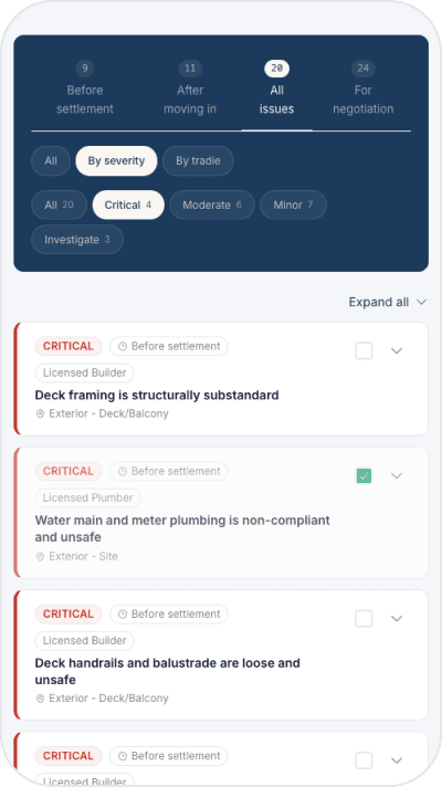 Snagger mobile app filtering building inspection findings by severity, with critical issues highlighted