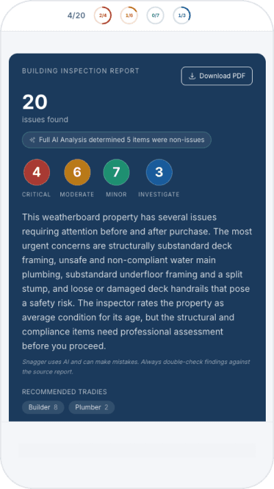 Snagger mobile app showing a plain-English summary of an Australian building inspection report with critical and moderate defect counts